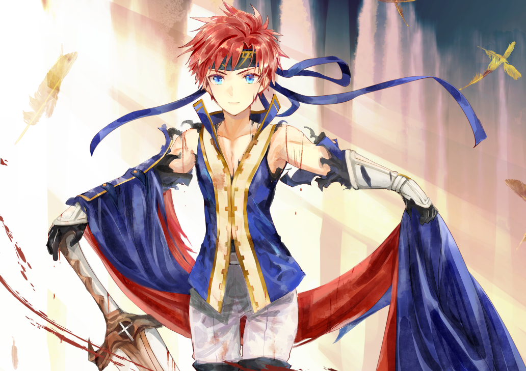 1boy black_gloves blue_eyes collarbone fire_emblem fire_emblem:_the_binding_blade gloves hair_ribbon hand_on_hilt headband looking_at_viewer male_focus pants red_ribbon redhead ribbon roy_(fire_emblem) shiny shiny_hair shoochiku_bai short_hair solo sword thigh_gap torn_clothes weapon white_pants