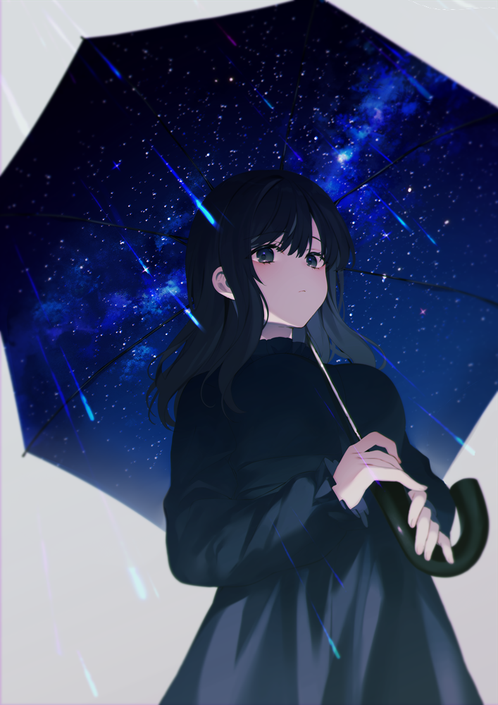 1girl achiki bangs black_dress black_eyes black_hair breasts closed_mouth commentary_request dress eyebrows_visible_through_hair from_below grey_background holding holding_umbrella long_hair looking_at_viewer looking_down original rain simple_background small_breasts solo standing umbrella