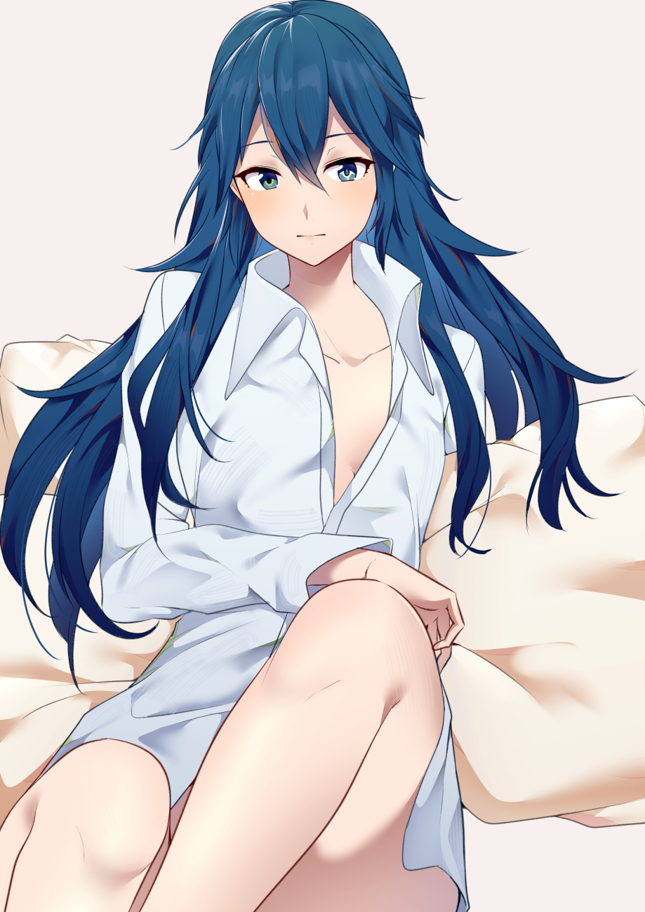 1girl ameno_(a_meno0) bare_legs bed blue_eyes blue_hair fire_emblem fire_emblem_awakening hair_between_eyes highres long_hair looking_at_viewer lucina lucina_(fire_emblem) open_clothes open_shirt pillow shirt simple_background solo symbol-shaped_pupils thighs