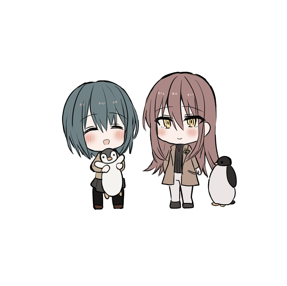 2girls :d ^_^ animal bangs bird black_footwear black_hair black_legwear black_skirt black_sweater blush borrowed_character brown_footwear brown_hair brown_jacket brown_shirt chibi chihuri closed_eyes eyebrows_visible_through_hair hair_between_eyes holding holding_animal jacket long_hair long_sleeves looking_at_viewer multiple_girls open_clothes open_jacket open_mouth original pants pantyhose penguin pleated_skirt ribbed_sweater shirt shoes simple_background skirt smile standing sweater turtleneck turtleneck_sweater very_long_hair white_background white_pants yellow_eyes