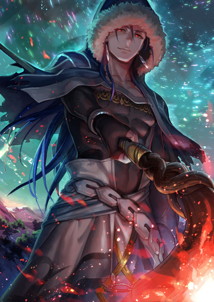 1boy blue_hair bracelet capelet closed_mouth cu_chulainn_(fate)_(all) cu_chulainn_(fate/grand_order) earrings embers fate/grand_order fate_(series) fire fur-trimmed_hood fur_trim glowing glowing_eyes holding holding_weapon hood hood_up hooded_capelet jewelry long_hair male_focus outdoors pointing_weapon red_eyes skin_tight sky smile solo staff type-moon weapon wooden_staff yamada_rokkaku