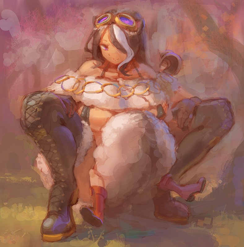 1girl animal_ears bare_shoulders black_hair black_legwear breasts commentary_request hair_over_one_eye kazo large_breasts long_hair o-ring original squatting tail thigh-highs violet_eyes