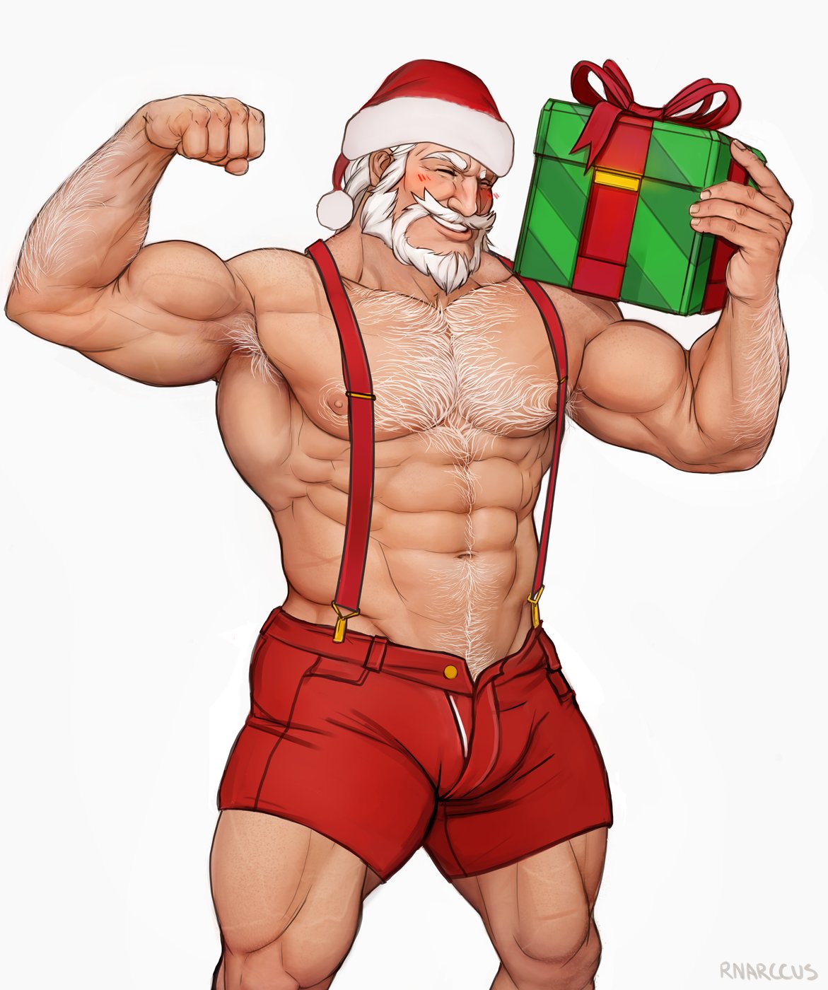 1boy abs alternate_costume armpit_hair armpits bara bare_chest beard biceps blush bulge chest chest_hair facial_hair feet_out_of_frame flexing gift hairy hat highres holding male_focus marcus_(rnarccus) muscle mustache navel navel_hair nipples old_man open_clothes open_shorts over_shoulder overwatch pose realistic red_shorts reinhardt_(overwatch) santa_costume santa_hat short_hair shorts solo suspenders white_background white_hair