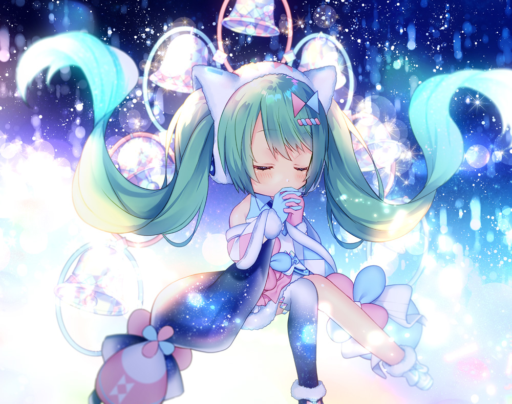 1girl bangs bare_shoulders bell blue_gloves blue_legwear blush boots chibi closed_eyes commentary covered_mouth eyebrows_visible_through_hair fur-trimmed_boots fur-trimmed_gloves fur-trimmed_skirt fur_trim gloves green_hair hands_clasped hands_up hatsune_miku headphones long_hair magical_mirai_(vocaloid) mismatched_gloves own_hands_together pink_gloves shiomizu_(swat) single_thighhigh skirt solo thigh-highs twintails very_long_hair vocaloid white_footwear white_skirt