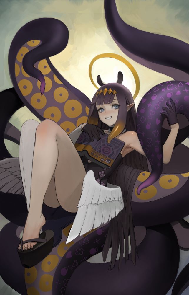 1girl bangs black_gloves blue_eyes blush book feathered_wings gloves gradient gradient_hair halo hololive hololive_english long_hair low_wings mini_wings multicolored multicolored_hair ninomae_ina'nis open_book orange_hair parted_lips patterned purple_gloves purple_hair sitting smile solo tentacles thigh-highs toenails virtual_youtuber white_legwear wings zako8211