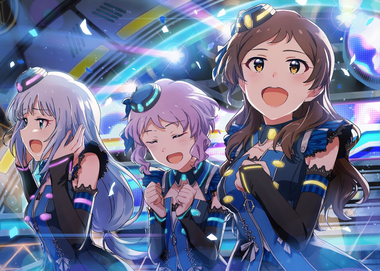 3girls :d ayano_yuu_(sonma_1426) bangs black_gloves blue_bow blue_dress blue_eyes blue_headwear bow brown_eyes brown_hair clenched_hands closed_eyes commentary_request detached_sleeves dress eyebrows_visible_through_hair gloves hair_bow hair_tie hands_in_hair hat idol idolmaster idolmaster_million_live! kitazawa_shiho lace-trimmed_sleeves lace_trim long_hair looking_at_viewer low-tied_long_hair makabe_mizuki mini_hat multiple_girls music open_mouth purple_hair shiraishi_tsumugi short_hair sidelocks silver_hair singing sleeveless sleeveless_dress smile spotlight standing tilted_headwear