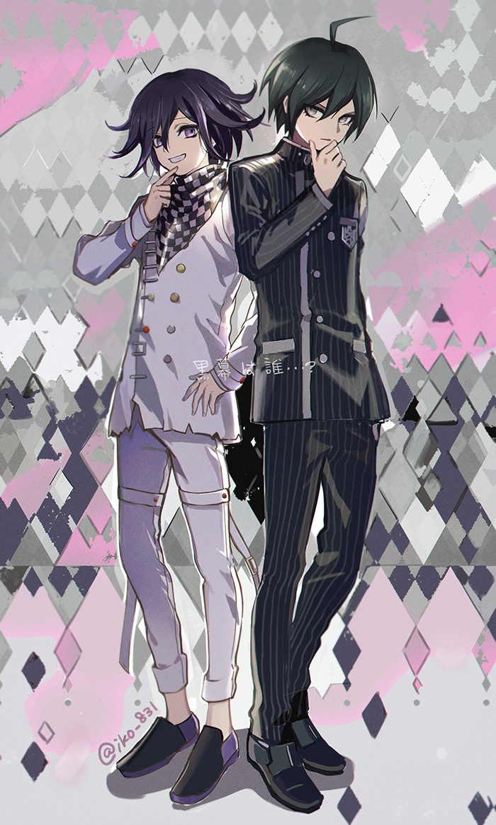 2boys ahoge argyle argyle_background bangs black_footwear black_hair checkered checkered_neckwear checkered_scarf closed_mouth dangan_ronpa full_body gakuran grey_eyes grin hair_between_eyes iko_831 long_sleeves male_focus multiple_boys new_dangan_ronpa_v3 ouma_kokichi pants purple_hair saihara_shuuichi scarf school_uniform smile standing straitjacket twitter_username violet_eyes