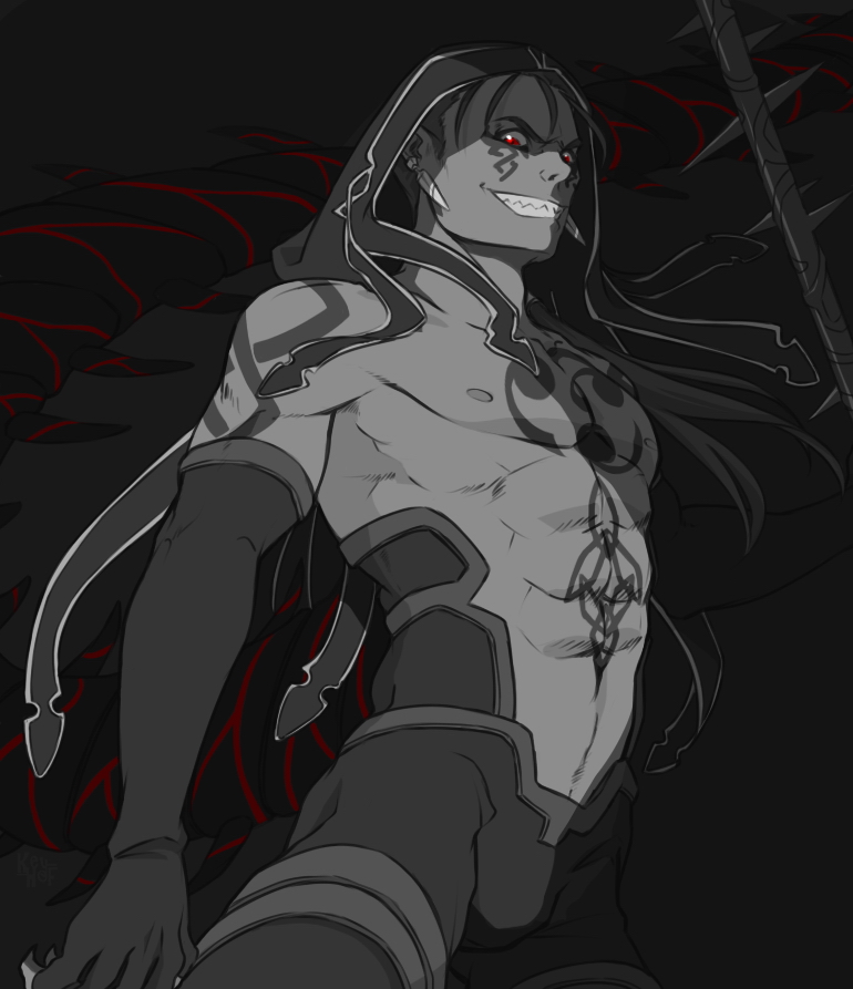 1boy abs bare_chest biceps bodypaint claws cu_chulainn_(fate)_(all) cu_chulainn_alter_(fate/grand_order) earrings elbow_gloves facepaint fate/grand_order fate_(series) from_below gae_bolg gloves grin hood hood_up jewelry keyhof long_hair looking_at_viewer male_focus monster_boy muscle nipples pants pectorals polearm ponytail red_eyes sharp_teeth smile solo spear spikes tail teeth type-moon weapon