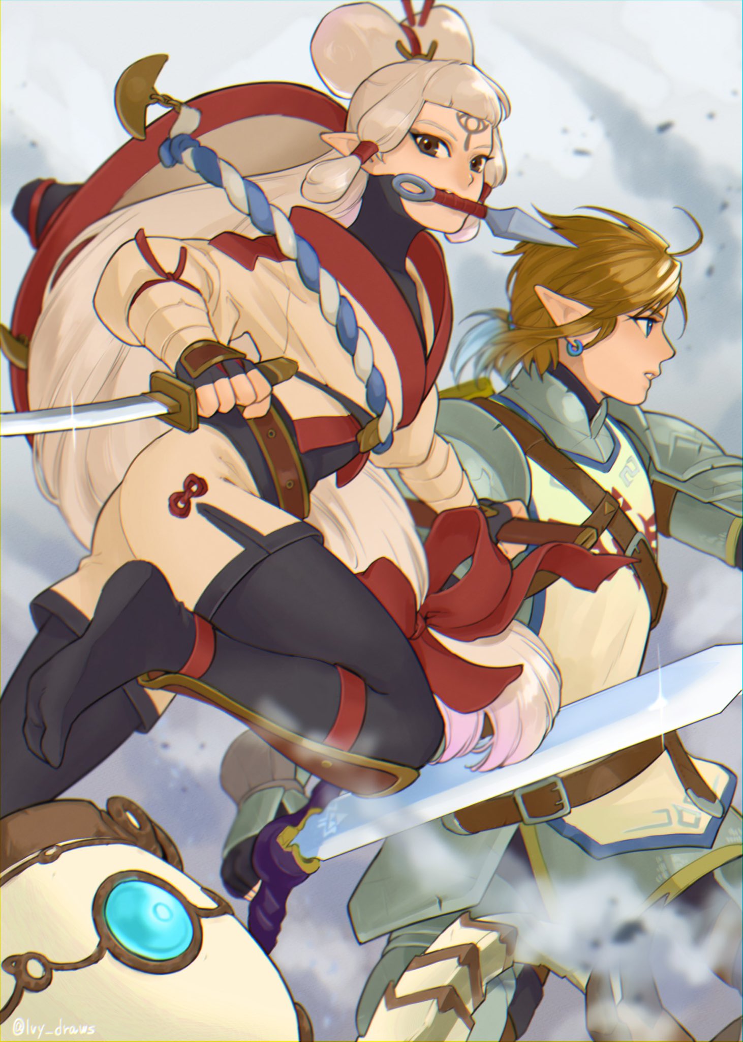 1boy 1girl armor bandages blonde_hair blue_eyes bow eye_symbol facial_mark forehead_mark hat_on_back highres hyrule_warriors:_age_of_calamity impa ivy_draws kunai link long_hair master_sword pointy_ears red_bow robot sheikah the_legend_of_zelda the_legend_of_zelda:_breath_of_the_wild weapon white_hair