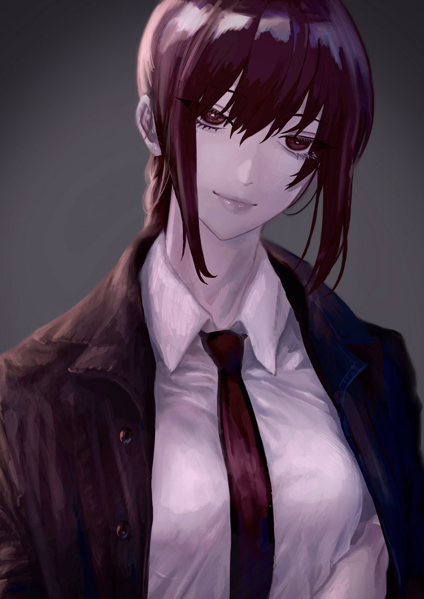 1girl bangs black_jacket black_neckwear braid braided_ponytail breasts business_suit chainsaw_man collared_shirt eyes formal highres jacket long_sleeves looking_at_viewer makima_(chainsaw_man) medium_breasts medium_hair necktie neckwear red_eyes redhead saji_of_kamo shirt simple_background solo suit upper_body