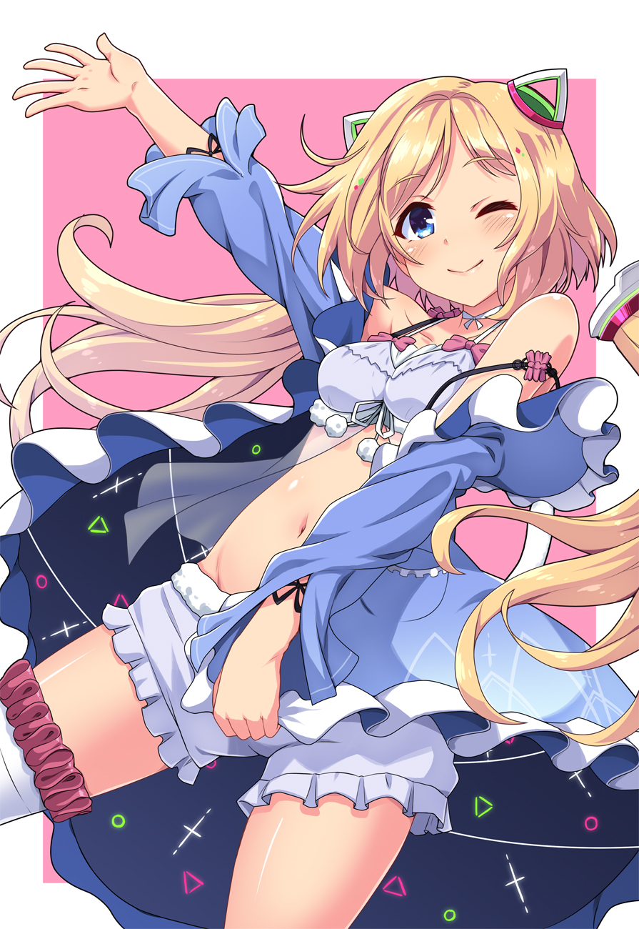 1girl aki_rosenthal bangs blonde_hair blue_eyes blush bob_cut breasts commentary_request detached_hair ekakuishikororo hair_ornament headgear highres hololive long_hair looking_at_viewer low_twintails midriff_peek one_eye_closed parted_bangs short_hair smile solo twintails virtual_youtuber