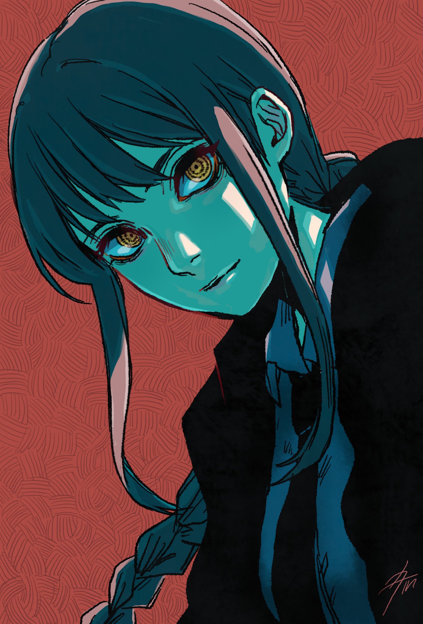 1girl bangs black_jacket black_neckwear braid braided_ponytail breasts business_suit chainsaw_man collared_shirt eyes formal highres jacket long_sleeves looking_at_viewer makima_(chainsaw_man) medium_breasts medium_hair nanakusa_kayu_(kibou-girl) necktie neckwear red_background ringed_eyes shirt signature simple_background solo suit upper_body yellow_eyes