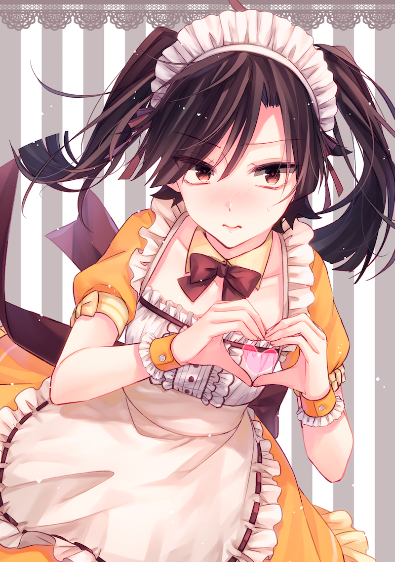 1girl apron bangs black_hair black_neckwear blush brown_eyes closed_mouth collarbone detached_collar dress_shirt enomoto_takane eyebrows_visible_through_hair floating_hair frilled_apron frills hair_between_eyes heart heart_hands kagerou_project long_hair looking_at_viewer maid_headdress ouri_(aya_pine) shiny shiny_hair shirt short_sleeves skirt solo striped striped_background sweatdrop waist_apron white_apron wrist_cuffs yellow_shirt yellow_skirt