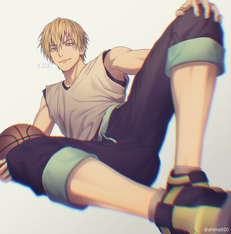 1boy ball bangs basketball black_pants blurry brown_eyes brown_hair character_name closed_mouth commentary_request depth_of_field grey_background grey_shirt hair_between_eyes hand_on_own_knee holding holding_ball jewelry kise_ryouta kuroko_no_basuke looking_at_viewer male_focus mashima_shima pants shirt short_hair simple_background single_earring sitting sleeveless sleeveless_shirt smile solo twitter_username