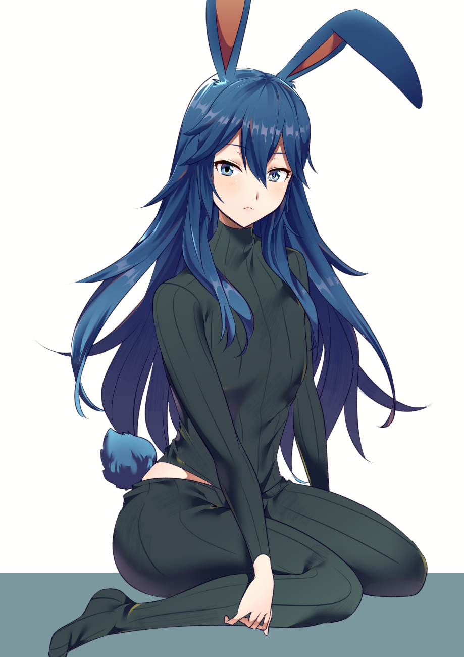 1girl ameno_(a_meno0) animal_ears blue_eyes blue_hair bunny_tail fire_emblem fire_emblem_awakening flat_chest highres looking_at_viewer lucina lucina_(fire_emblem) pants rabbit_ears rabbit_girl simple_background sitting solo sweater tail white_background wide_hips