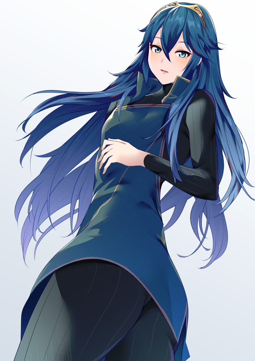 1girl ameno_(a_meno0) blue_eyes blue_hair blush fire_emblem fire_emblem_awakening flat_chest highres long_hair looking_at_viewer looking_down lucina lucina_(fire_emblem) pantyhose simple_background smile solo symbol-shaped_pupils tiara