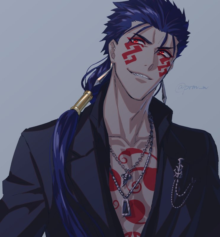 1boy beads blue_hair bodypaint chain chain_necklace cu_chulainn_(fate)_(all) cu_chulainn_alter_(fate/grand_order) earrings facepaint fate/grand_order fate_(series) grin hair_beads hair_ornament hikaru_(asteriskring) jacket jewelry long_hair male_focus necklace open_clothes open_jacket pin ponytail red_eyes sharp_teeth smile solo spiky_hair teeth twitter_username type-moon