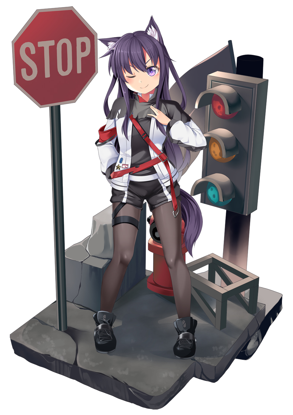 1girl ;) akatsuki_(kantai_collection) animal_ear_fluff animal_ears arknights armband bangs black_capelet black_footwear black_legwear black_shirt black_shorts blush breasts capelet commentary_request cosplay english_commentary eyebrows_visible_through_hair full_body hair_between_eyes hand_on_hip highres jacket kantai_collection kemonomimi_mode long_hair long_sleeves looking_at_viewer messy_hair mixed-language_commentary one_eye_closed open_clothes open_jacket pantyhose purple_hair road_sign shirt shoes short_shorts shorts sidelocks sign simple_background small_breasts smile solo standing stop_sign tail texas_(arknights) texas_(arknights)_(cosplay) traffic_light violet_eyes white_background white_jacket wolf_ears wolf_tail yasume_yukito