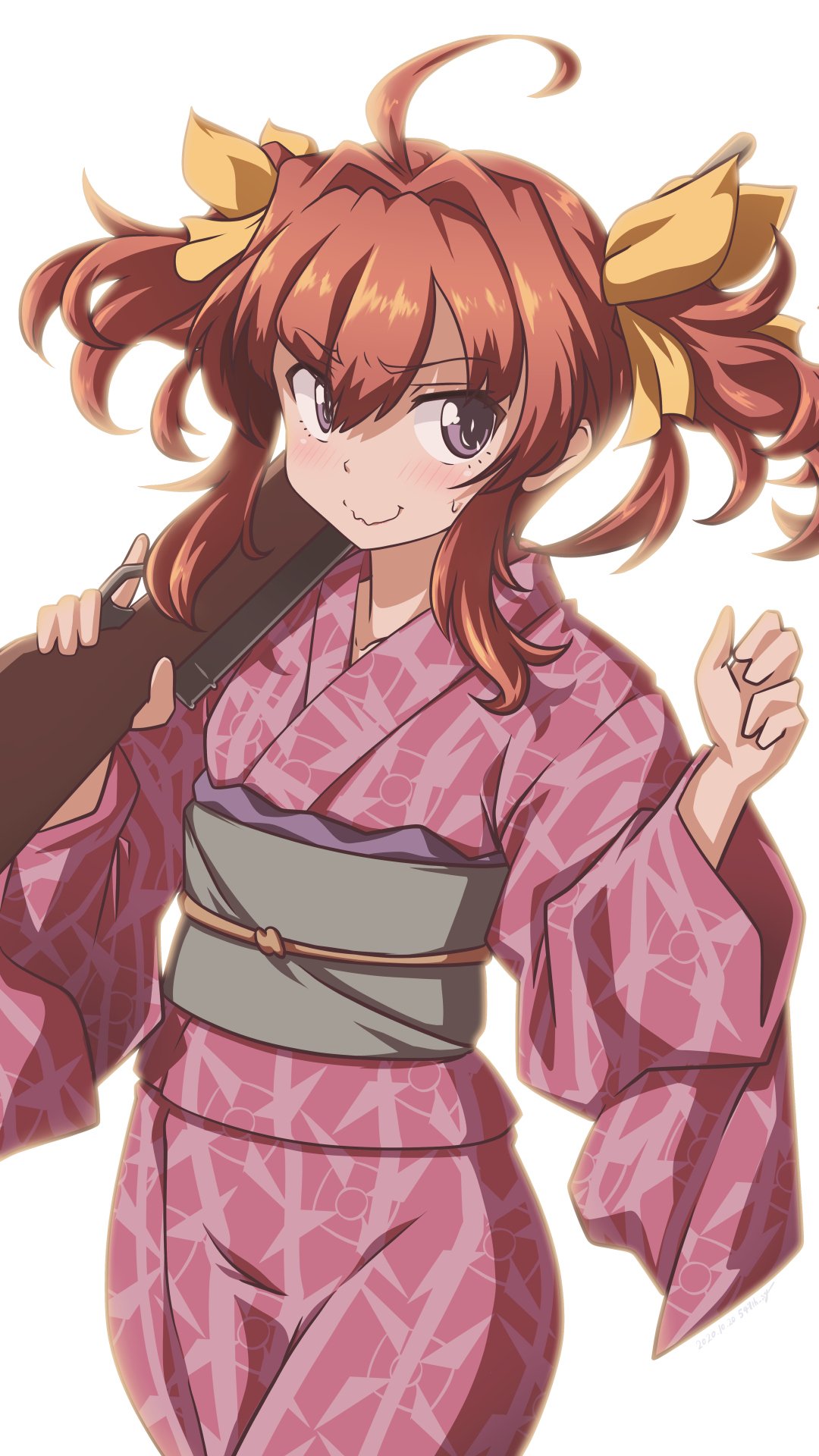 1girl 547th_sy ahoge alternate_hairstyle arashi_(kantai_collection) brown_eyes commentary_request gun hair_ribbon highres japanese_clothes kantai_collection kimono leaf_print looking_at_viewer medium_hair official_alternate_costume pink_kimono redhead ribbon rifle simple_background solo trigger_discipline weapon white_background yellow_ribbon yukata