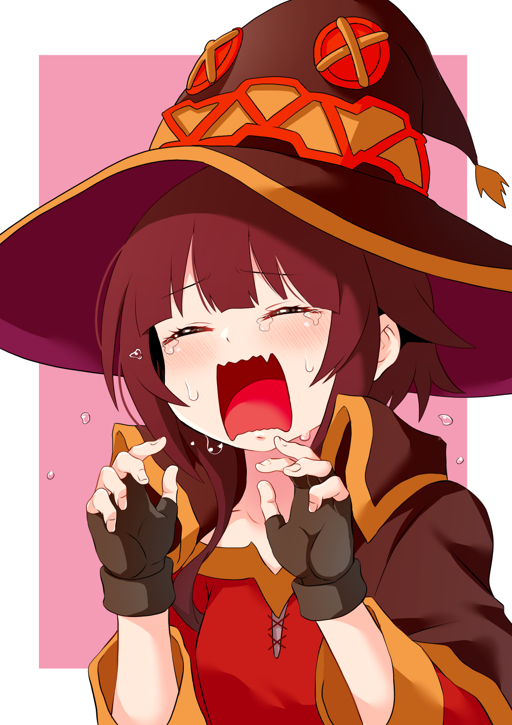 1girl brown_hair cape closed_eyes crying eyebrows_visible_through_hair fang fingerless_gloves gloves hat highres kono_subarashii_sekai_ni_shukufuku_wo! megumin open_mouth short_hair simple_background skin_fang solo witch_hat yasehattagi