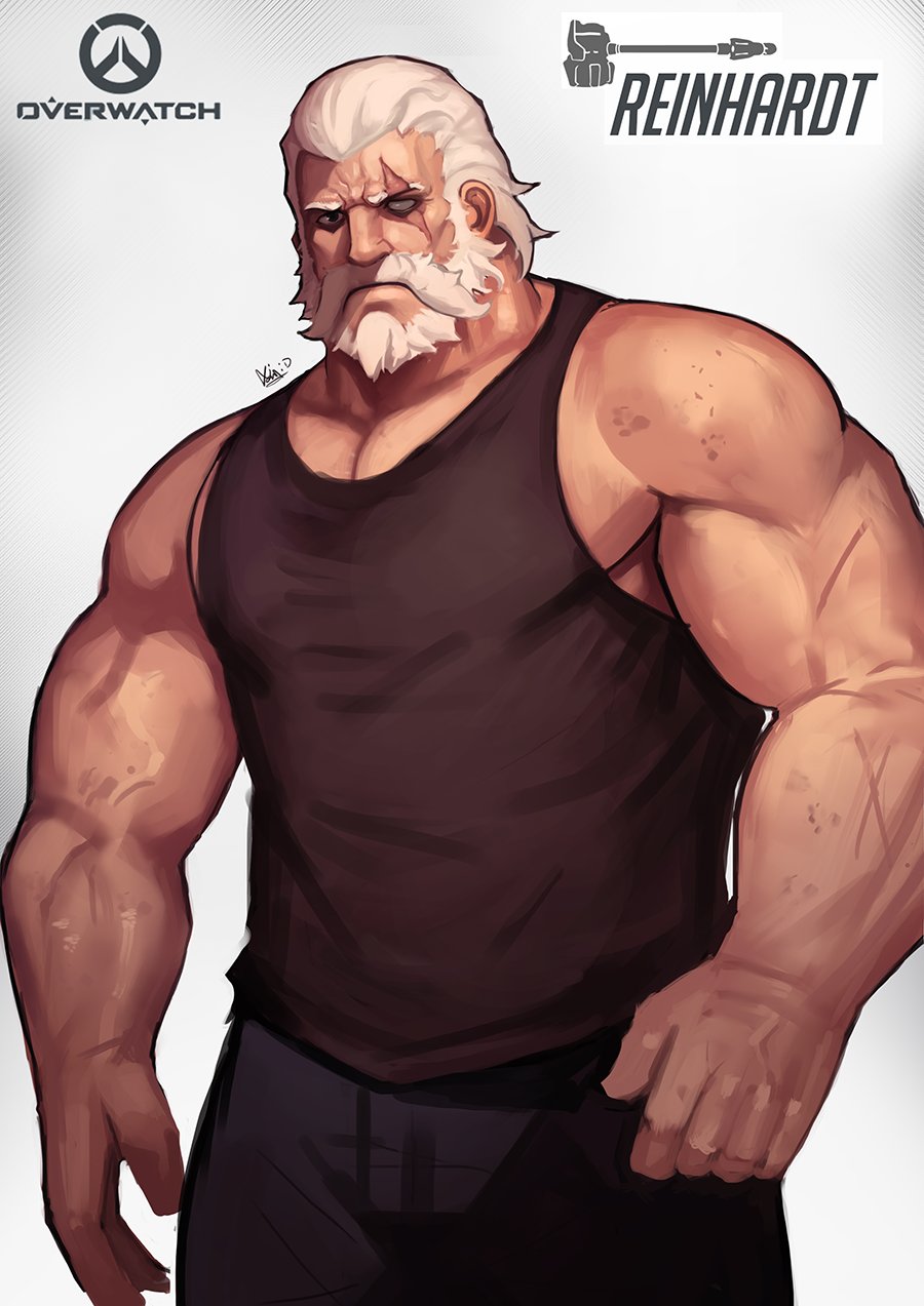 1boy alternate_costume bara bare_arms beard black_pants brown_tank_top character_name chest copyright_name cowboy_shot dsharp facial_hair highres looking_at_viewer male_focus medium_hair muscle mustache old_man overwatch pants reinhardt_(overwatch) scar scar_across_eye short_hair sketch solo tank_top