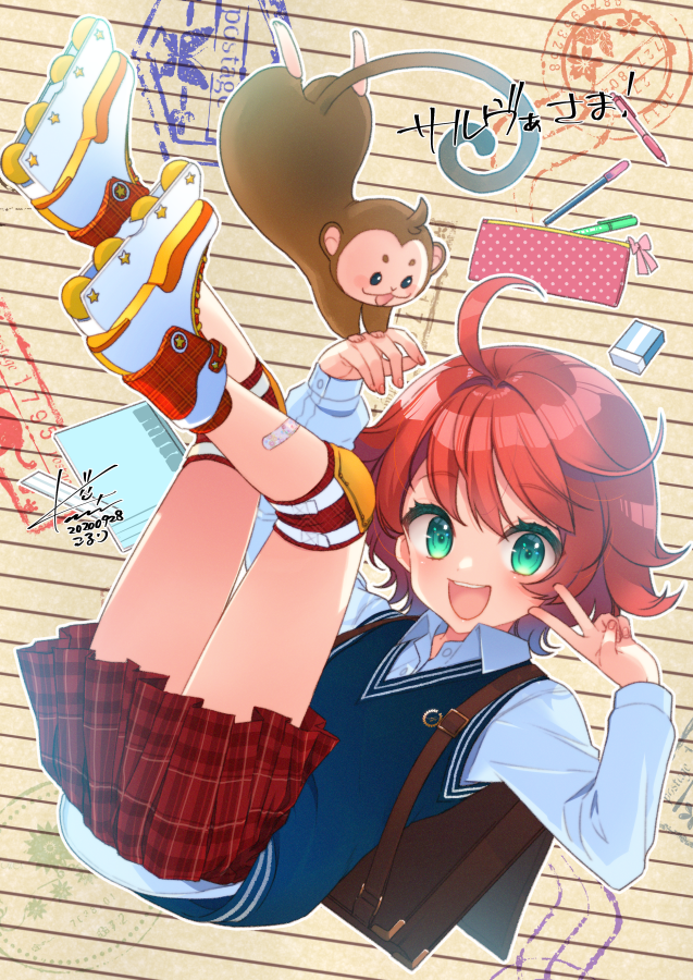 1girl :d ahoge animal arm_up backpack bag bandaid bandaid_on_leg bangs brown_hair collared_shirt commentary_request commission dated diagonal_stripes dress_shirt eraser eyebrows_visible_through_hair full_body green_eyes hair_between_eyes hand_up knee_pads koruri legs_up long_sleeves looking_at_viewer miniskirt monkey open_mouth original pencil pencil_case plaid plaid_skirt pleated_skirt red_skirt roller_skates school_uniform shirt signature skates skeb_commission skirt smile solo striped striped_background sweater_vest v white_footwear white_shirt