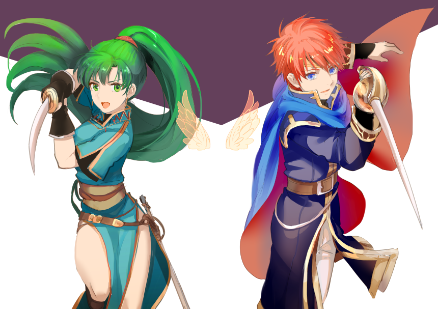 1boy 1girl :d bangs black_gloves blue_cape blue_dress blue_eyes cape dress eliwood_(fire_emblem) fire_emblem fire_emblem:_rekka_no_ken fire_emblem:_the_blazing_blade fire_emblem_7 floating_hair gloves green_eyes green_hair hair_between_eyes high_ponytail holding holding_sword holding_weapon intelligent_systems katana long_hair looking_at_viewer lyn_(fire_emblem) lyndis_(fire_emblem) nintendo open_mouth pants pelvic_curtain purple_background redhead sheath shiny shiny_hair shoochiku_bai short_hair side_slit smile standing sword teenage two-tone_background very_long_hair weapon white_background white_pants young_adult