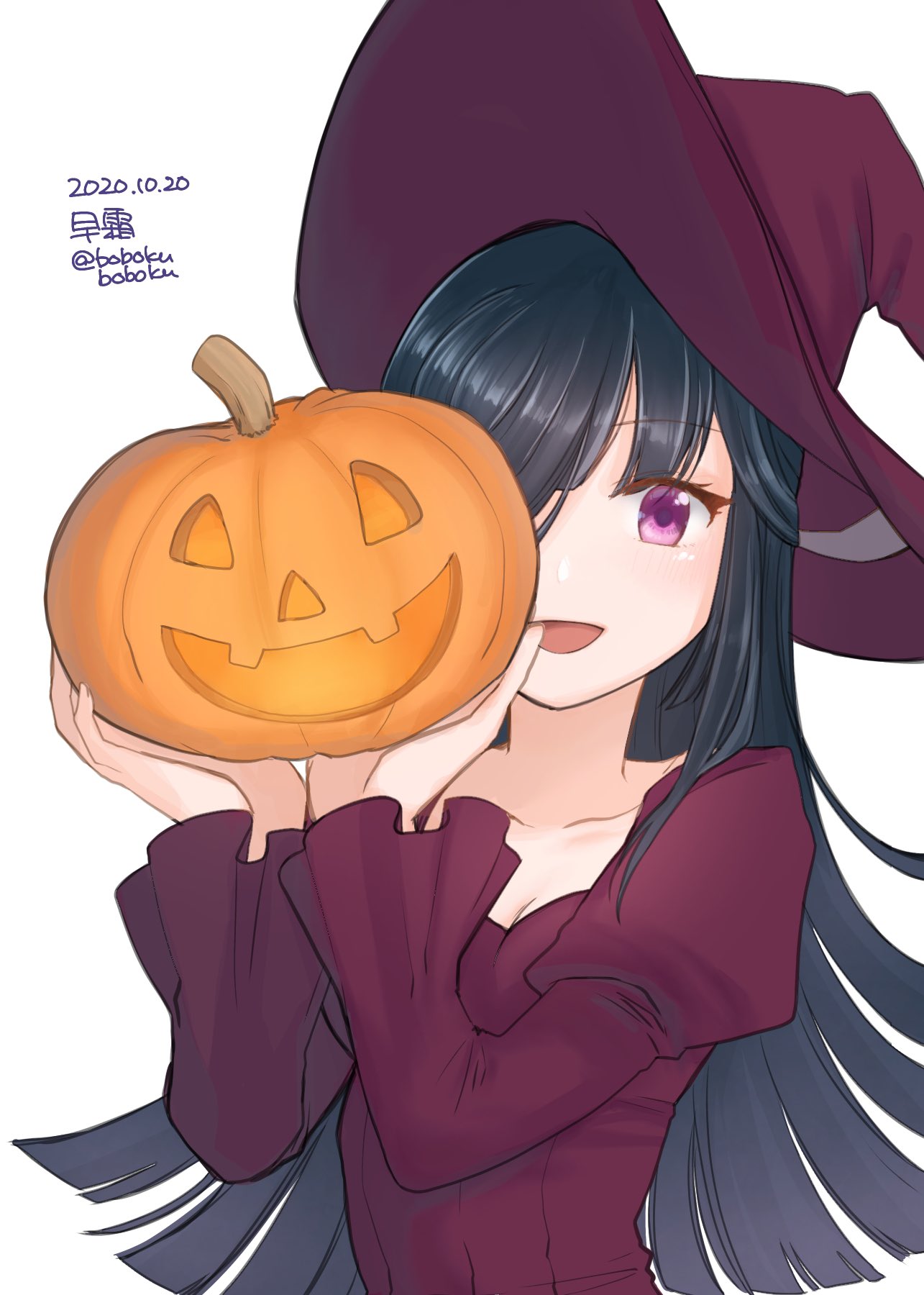 1girl alternate_costume black_hair bobokuboboku character_name dated dress hair_over_one_eye hayashimo_(kantai_collection) highres hime_cut jack-o'-lantern kantai_collection long_hair purple_dress simple_background smile solo twitter_username upper_body very_long_hair violet_eyes white_background