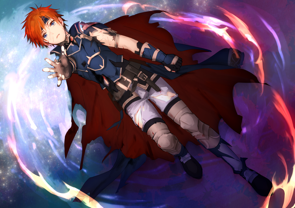 1boy bangs black_gloves blood blood_on_face blue_eyes cape fire_emblem fire_emblem:_the_binding_blade from_above gloves hair_between_eyes looking_at_viewer looking_up male_focus open_mouth orange_hair pants red_cape roy_(fire_emblem) shoochiku_bai short_hair solo torn_clothes torn_gloves white_pants