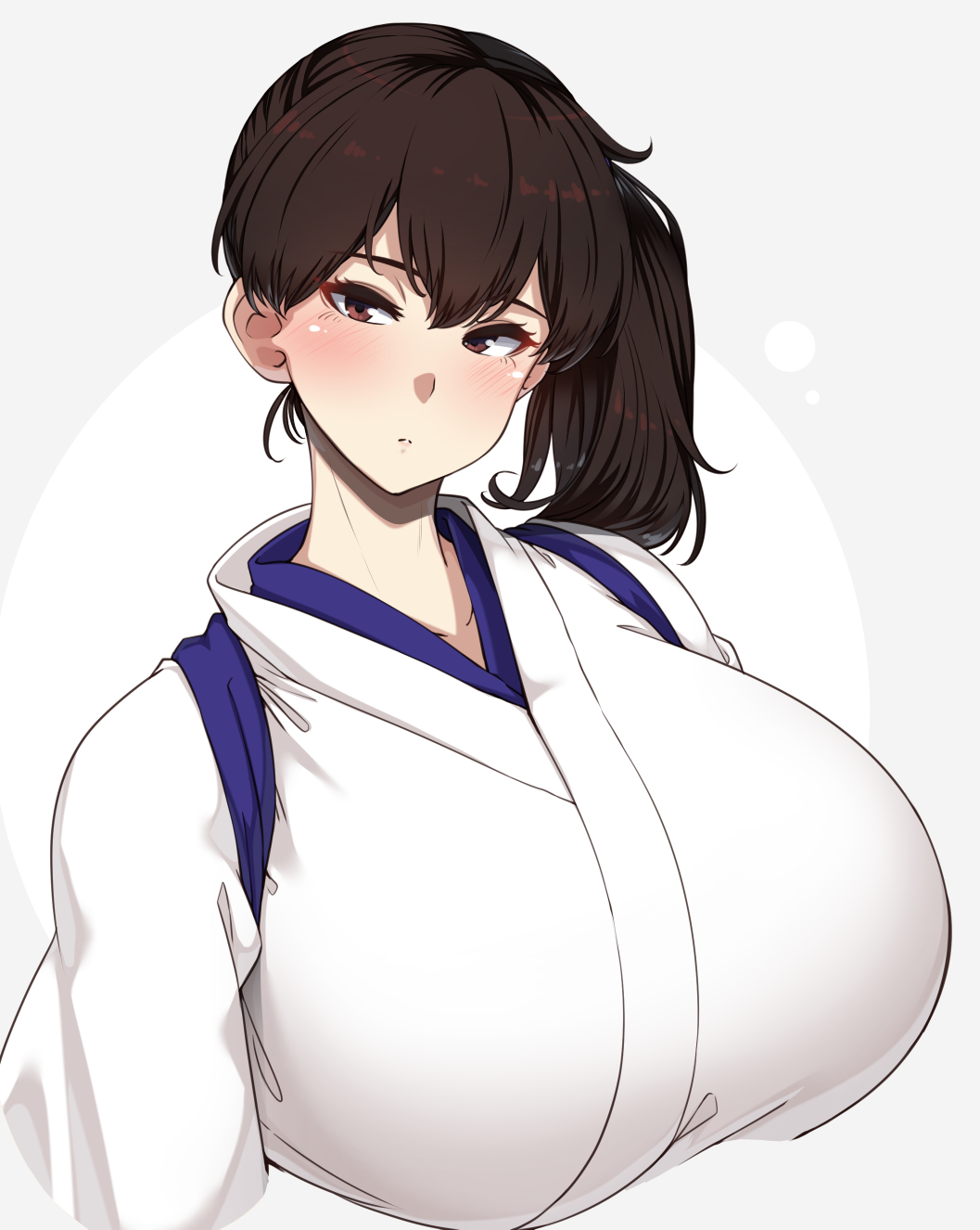 1girl bangs blush breasts brown_eyes brown_hair closed_mouth cropped_torso eyelashes hair_between_eyes highres huge_breasts japanese_clothes kaga_(kantai_collection) kantai_collection ponytail ryuun_(stiil) side_ponytail simple_background solo tasuki two-tone_background upper_body