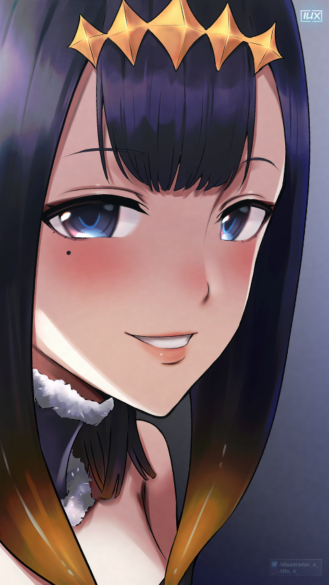 1girl artist_name blue_eyes blunt_ends blush breasts choker close-up cropped_torso diamond_hairband fur-trimmed_choker fur_trim gradient gradient_background grey_background hololive hololive_english illustrator_x2077 instagram_username lips long_hair looking_at_viewer mole mole_under_eye ninomae_ina'nis parted_lips purple_hair small_breasts smile solo tentacle_hair twitter_username virtual_youtuber