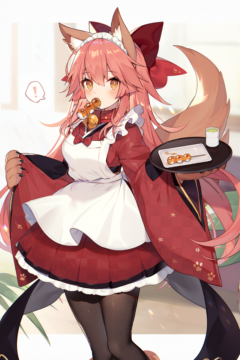 ! 1girl animal_ears apron bangs bell black_legwear bow bright_pupils checkered collar cup eyebrows_visible_through_hair fate/grand_order fate_(series) feet_out_of_frame food food_in_mouth fox_ears fox_girl fox_tail gloves hair_bow highres holding holding_tray japanese_clothes jingle_bell kimono long_sleeves looking_at_viewer maid_headdress mouth_hold muryotaro orange_eyes pantyhose paw_gloves paws pink_hair red_bow red_kimono solo speech_bubble spoken_exclamation_mark standing tail takoyaki tamamo_(fate)_(all) tamamo_cat_(fate) tray unmoving_pattern white_apron wide_sleeves