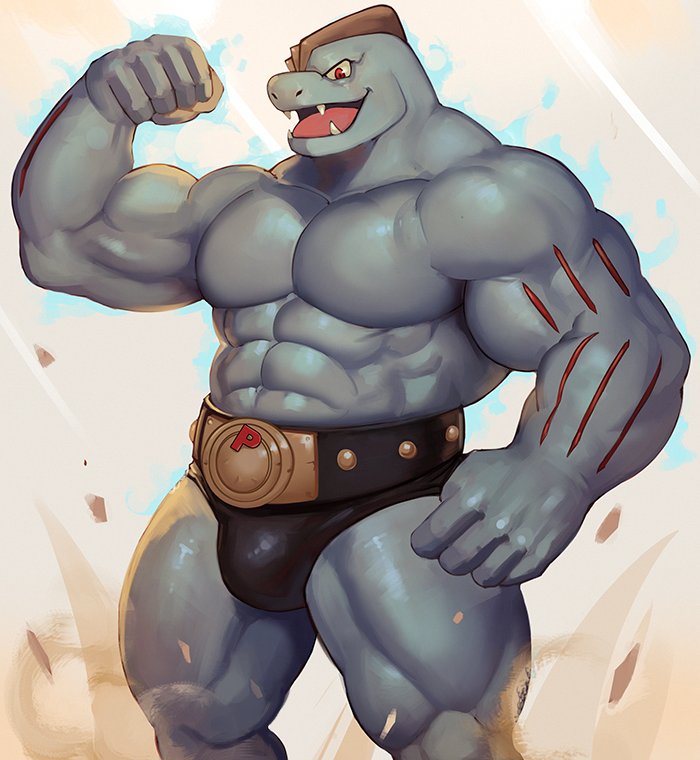 1boy abs arm_up bara bare_chest belt black_briefs blue_skin bulge chest dsharp fangs feet_out_of_frame flexing gen_1_pokemon lying machoke male_focus muscle no_humans no_nipples on_back pokemon pose red_eyes smile solo thick_thighs thighs tongue