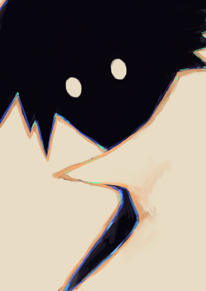 1boy abstract beige_background black_hair black_skin face fantasy looking_at_viewer male_focus no_mouth no_nose no_pupils original renkoma shadow simple_background solo spiky_hair upper_body