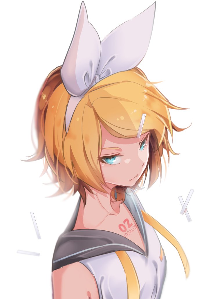 1girl bangs bare_shoulders blonde_hair blue_eyes bow chest_tattoo collar commentary expressionless from_side grey_collar hair_bow hair_ornament hairclip hairclip_removed half-closed_eyes kagamine_rin looking_at_viewer portrait sailor_collar school_uniform shirt short_hair sleeveless sleeveless_shirt solo swept_bangs tattoo tsurime vocaloid wanaxtuco white_background white_bow white_shirt yellow_neckwear