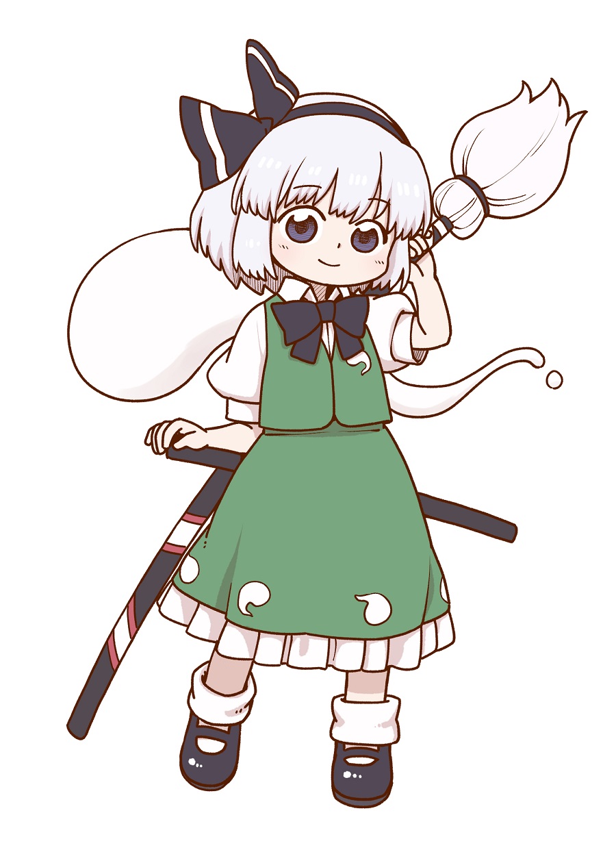 1girl black_bow black_footwear black_hairband black_neckwear blue_eyes bob_cut bow bowtie closed_mouth collared_shirt full_body green_skirt green_vest hair_bow hairband hand_up highres holding holding_sword holding_weapon konpaku_youmu konpaku_youmu_(ghost) looking_at_viewer multiple_swords poronegi puffy_short_sleeves puffy_sleeves shirt shoes short_hair short_sleeves simple_background skirt smile solo sword tomoe_(symbol) touhou vest weapon white_background white_hair white_shirt wing_collar