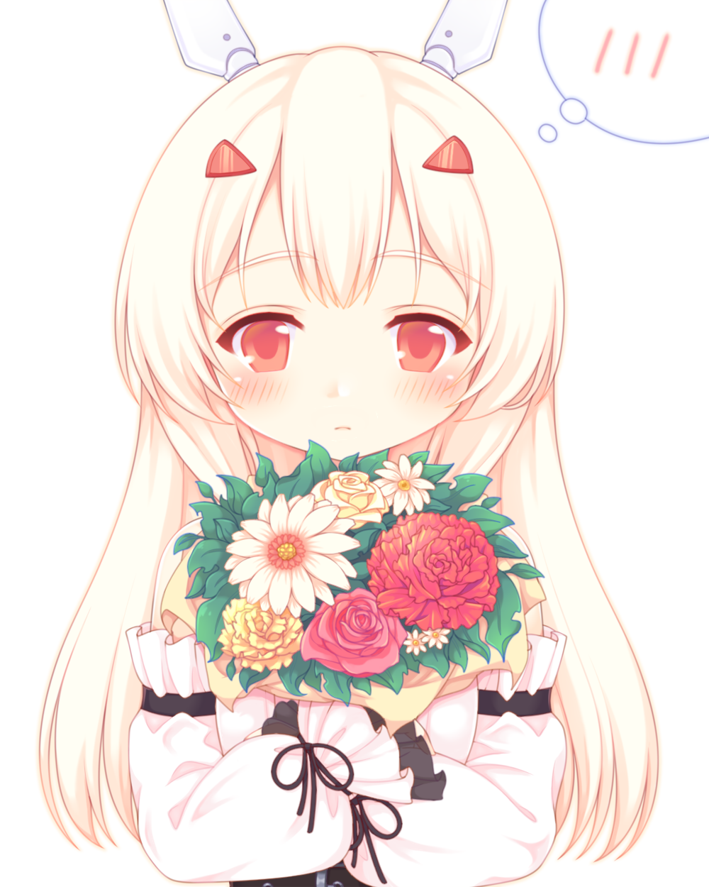 1girl ayanami_(azur_lane) azur_lane bangs bare_shoulders blonde_hair blush bouquet closed_mouth detached_sleeves dress eyebrows_visible_through_hair flower hair_ornament hairclip highres long_hair long_sleeves looking_at_viewer object_hug puffy_long_sleeves puffy_sleeves red_eyes red_flower red_rose rose sakurato_ototo_shizuku simple_background solo spoken_blush upper_body white_background white_dress white_flower white_sleeves yellow_flower yellow_rose