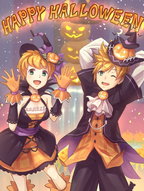 1boy 1girl blonde_hair breasts dress gloves gogo_(detteiu_de) green_eyes halloween halloween_costume hat kingdom_hearts kingdom_hearts_birth_by_sleep kingdom_hearts_x looking_at_viewer open_mouth pumpkin short_hair smile spiky_hair ventus