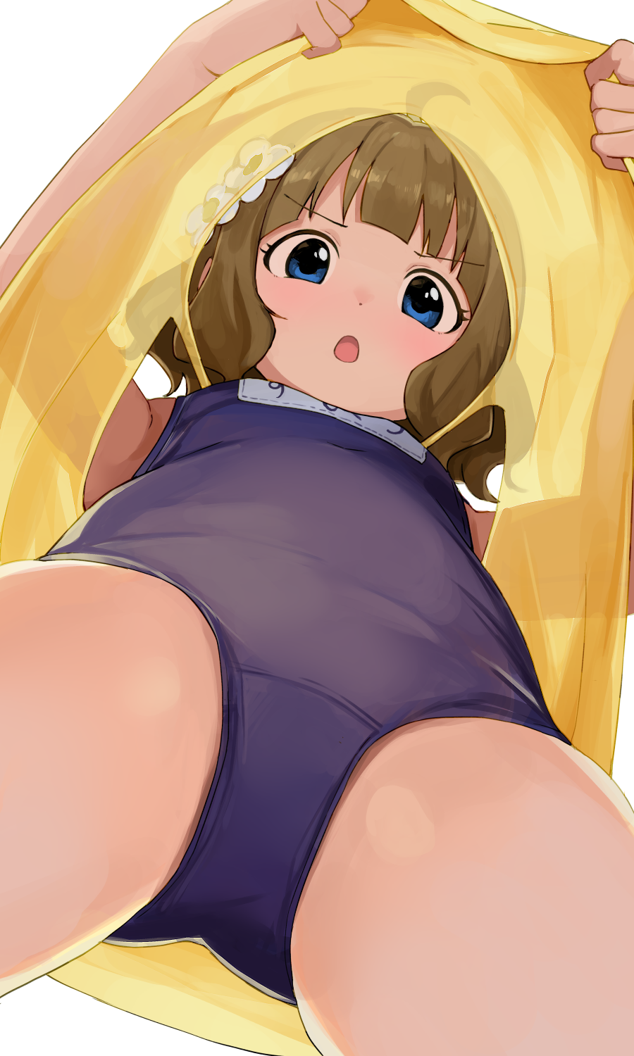 1girl blue_eyes blush flower hair_flower hair_ornament highres hiroki_(yyqw7151) idolmaster idolmaster_million_live! long_hair looking_at_viewer looking_down medium_hair name_tag one-piece_swimsuit open_mouth school_swimsuit simple_background solo suou_momoko swimsuit swimsuit_under_clothes thighs white_background