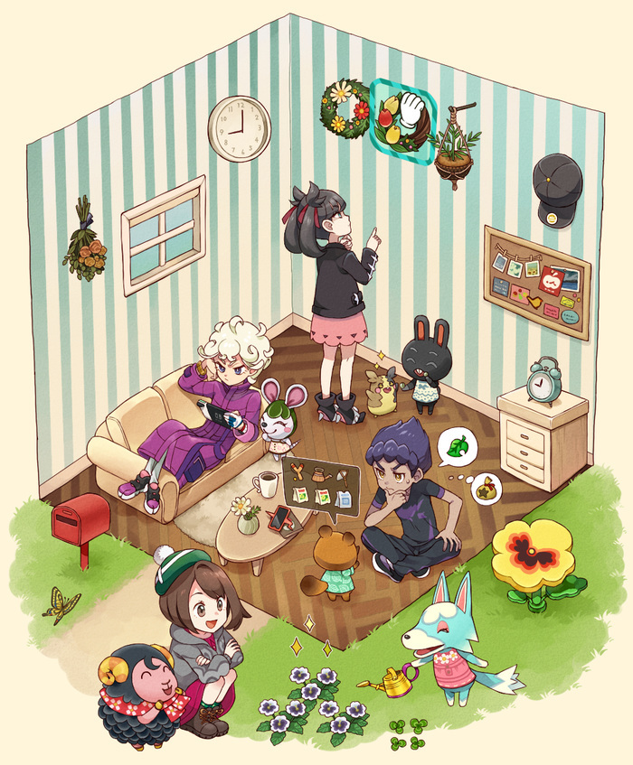 ahoge alarm_clock baseball_cap bede_(pokemon) black_hair black_headwear black_jacket black_pants blonde_hair boots brown_eyes brown_footwear brown_hair bug bulletin_board butterfly cardigan character_request clock coat commentary_request couch crossed_legs crossover curly_hair doubutsu_no_mori drawer dress flower gen_8_pokemon gender_request gloria_(pokemon) grass green_headwear green_legwear grey_cardigan hair_ribbon hand_on_own_knee handheld_game_console hands_up hat holding holding_handheld_game_console hop_(pokemon) insect jacket long_sleeves lying mailbox_(incoming_mail) marnie_(pokemon) morpeko morpeko_(full) nintendo_switch on_back open_mouth pants pink_dress pokemon pokemon_(creature) pokemon_(game) pokemon_swsh purple_coat purple_hair red_ribbon ribbon sasairebun shirt shoes short_hair short_sleeves sitting socks spoken_object squatting standing tam_o'_shanter thought_bubble tongue wall_clock watering_can window wreath