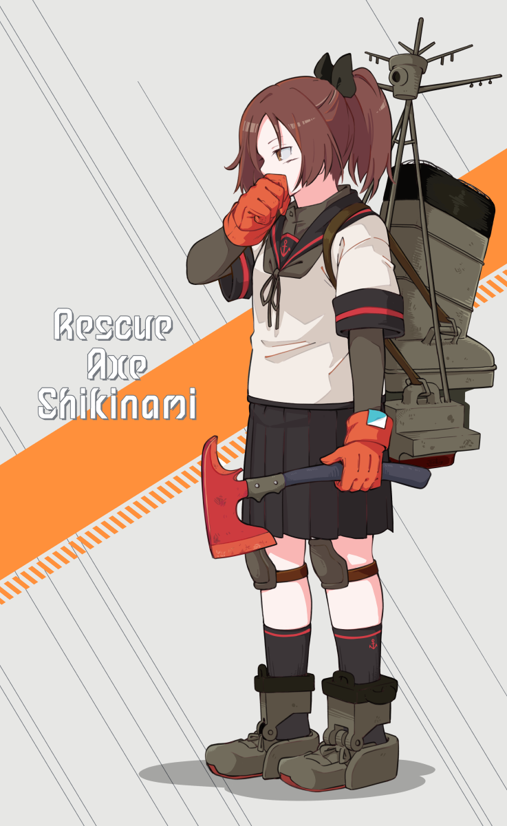 1girl axe bangs black_legwear black_sailor_collar black_skirt brown_eyes brown_hair character_name english_text fire_axe fujinoki_(horonabe-ken) gloves highres holding holding_axe kantai_collection kneehighs orange_gloves pleated_skirt ponytail profile remodel_(kantai_collection) rigging sailor_collar school_uniform serafuku shikinami_(kantai_collection) simple_background skirt solo standing undershirt