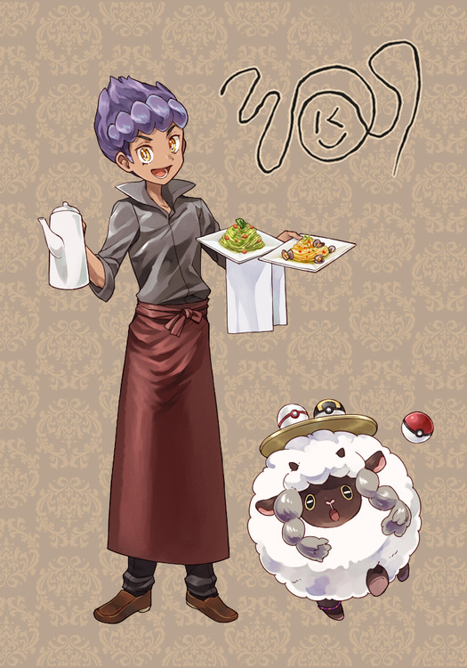 1boy apron black_shirt collared_shirt commentary_request dark_skin dark_skinned_male food gen_8_pokemon holding holding_plate holding_teapot hop_(pokemon) open_mouth plate poke_ball poke_ball_(basic) pokemon pokemon_(creature) pokemon_(game) pokemon_swsh premier_ball purple_hair red_apron sasairebun shirt short_hair sleeves_rolled_up smile standing teapot teeth tongue tray ultra_ball waist_apron wooloo yellow_eyes