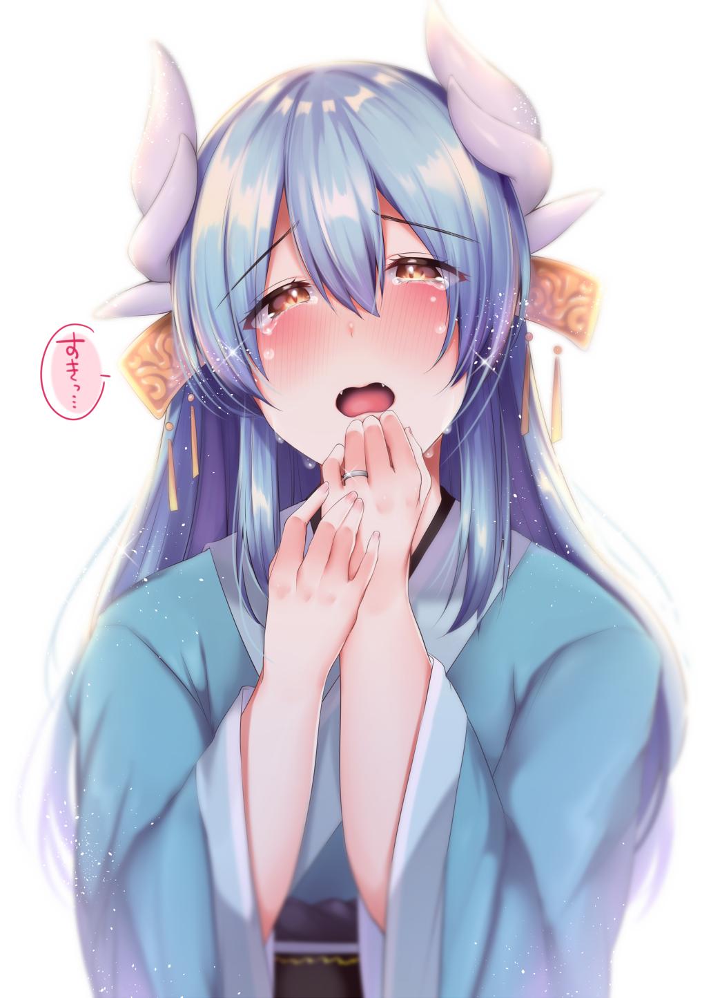 1girl aqua_kimono blurry crying crying_with_eyes_open depth_of_field fangs fate/grand_order fate_(series) hair_ornament hand_on_own_wrist happy_tears highres horns japanese_clothes jewelry kaenuco kimono kiyohime_(fate/grand_order) light_blue_hair obi open_mouth ring sash solo tears wavy_mouth wedding_band white_background yellow_eyes