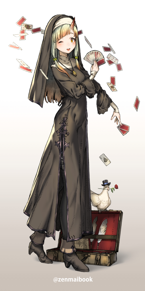 1girl ace_of_spades ankle_boots bird blonde_hair boots briefcase card flower flower_in_mouth full_body gradient gradient_background habit hat high_heels highres horns jewelry looking_at_viewer necklace nun one_eye_closed orange_eyes original pigeon playing_card quill rose single_horn solo top_hat zenmaibook