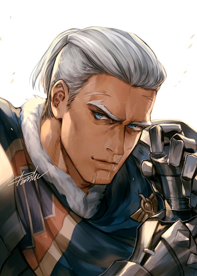 1boy armor blue_eyes blue_scarf closed_mouth danhu dark_skin dark_skinned_male dedue_molinaro facial_scar fire_emblem fire_emblem:_three_houses fur_trim gauntlets hands_on_hilt looking_at_viewer male_focus ponytail scar scarf short_hair simple_background smile solo upper_body white_background white_hair