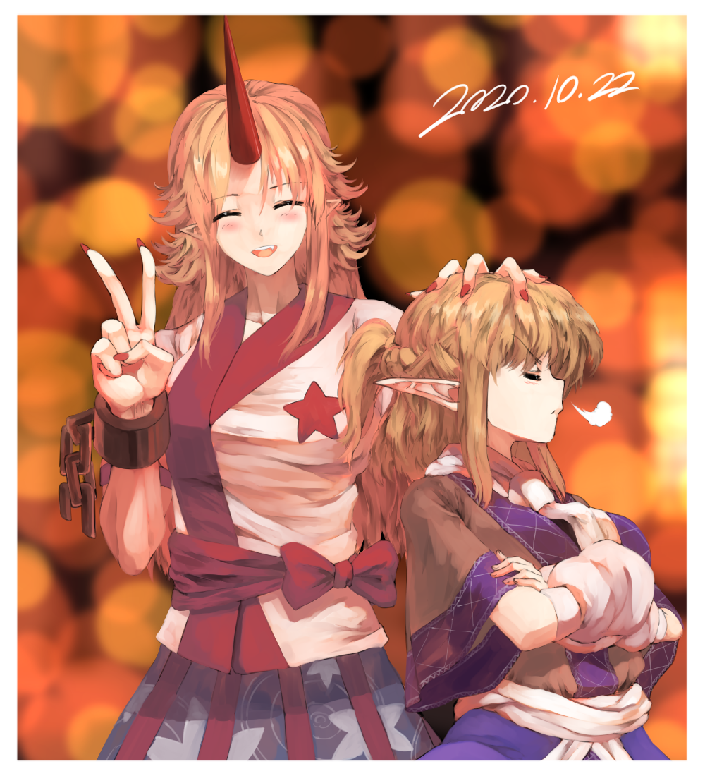 2girls arm_warmers bangs blonde_hair blue_skirt blurry blurry_background blush bow braid breasts brown_shirt closed_eyes closed_mouth commentary_request crossed_arms cuffs facing_away facing_viewer fang fingernails french_braid half_updo hand_on_another's_head hands_up head_grab height_difference horns hoshiguma_yuugi layered_clothing lights long_hair medium_breasts mizuhashi_parsee multiple_girls pointy_ears ponytail profile red_bow red_horns red_nails red_sash sash scarf shackles sharp_fingernails shirt short_hair short_ponytail short_sleeves sidelocks single_horn skirt smile star_(symbol) star_print sunyup touhou tsundere upper_body v-shaped_eyebrows very_long_fingernails white_sash white_scarf