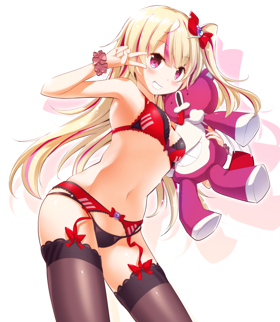 1girl ashley_taylor black_legwear black_panties blonde_hair blush bone_hair_ornament bow bra breasts chauke commentary_request cowboy_shot eyeball_hair_ornament garter_belt garter_straps grin hair_bow hair_ornament lingerie long_hair magia_record:_mahou_shoujo_madoka_magica_gaiden mahou_shoujo_madoka_magica medium_breasts multicolored_hair navel one_side_up panties pink_eyes pink_scrunchie purple_bow red_bow red_bra scrunchie simple_background smile solo streaked_hair stuffed_animal stuffed_toy teddy_bear thigh-highs underwear underwear_only v_over_eye very_long_hair white_background wrist_scrunchie