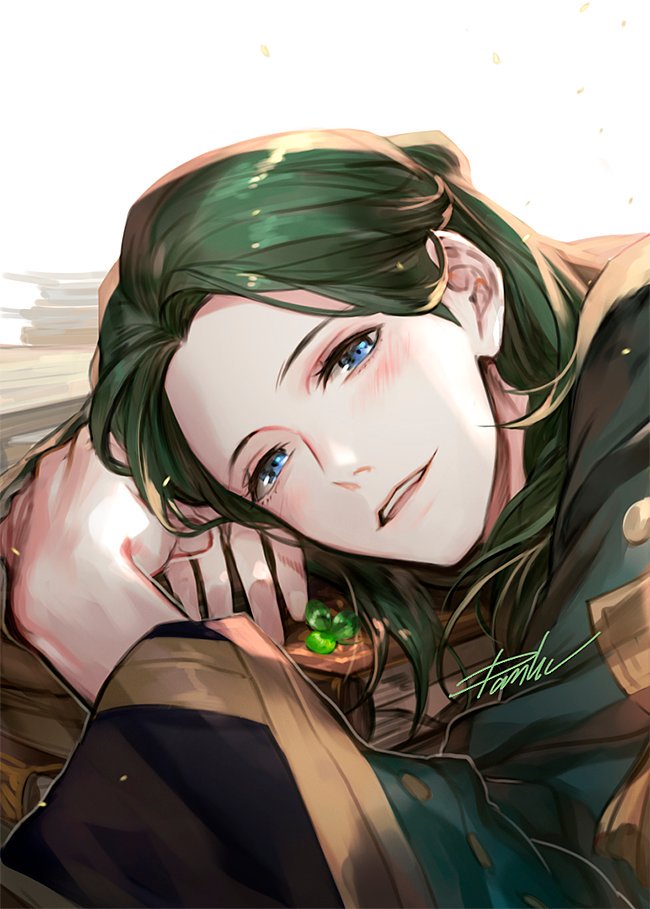 1boy blue_eyes blush book book_stack clover danhu fire_emblem fire_emblem:_three_houses forehead green_hair green_robe hair_bun leaning_on_object linhardt_von_hevring long_hair long_sleeves looking_at_viewer male_focus open_mouth signature simple_background smile solo upper_body white_background