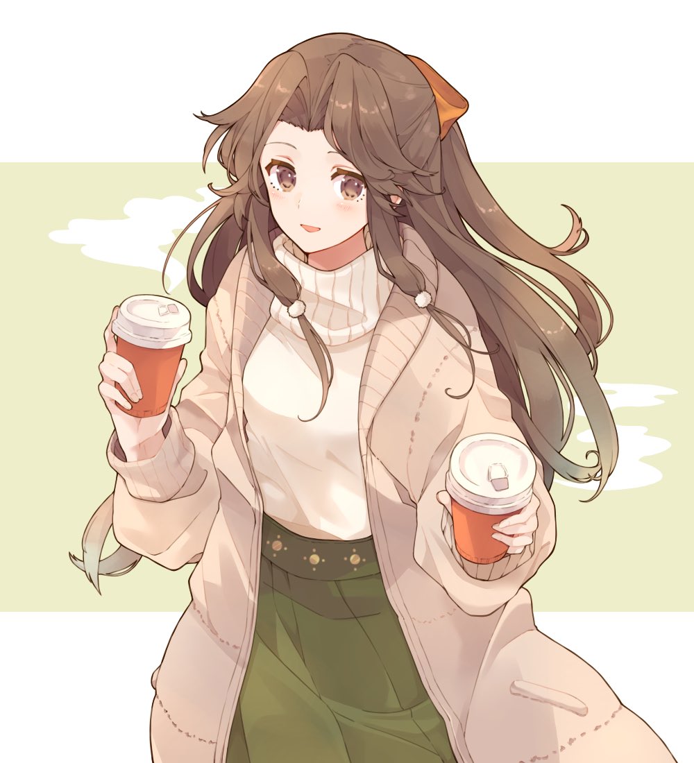 1girl alternate_costume blush bow breasts brown_coat brown_eyes brown_hair coat cup disposable_cup green_skirt hair_bow holding holding_cup jintsuu_(kantai_collection) kantai_collection long_hair long_sleeves open_mouth orange_bow shakemi_(sake_mgmgmg) sidelocks simple_background skirt solo steam sweater turtleneck turtleneck_sweater two-tone_background white_sweater