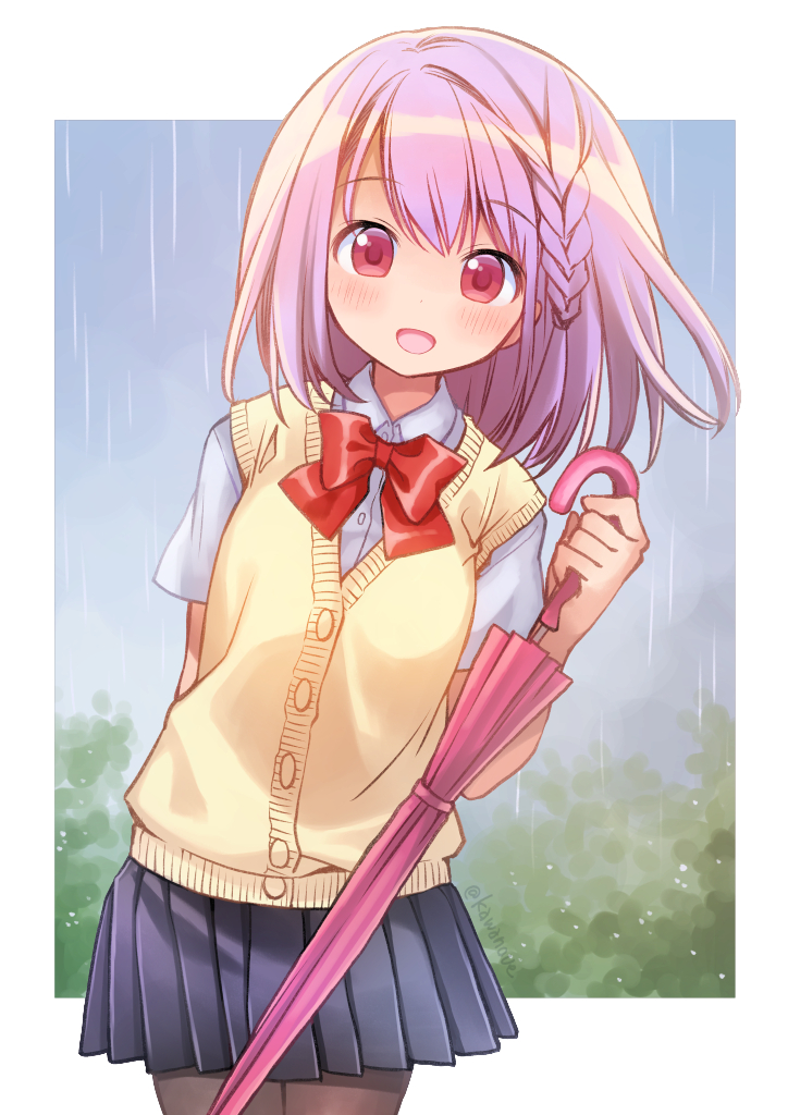 1girl :d blue_skirt bow bowtie braid brown_legwear closed_umbrella day holding holding_umbrella kawanobe looking_at_viewer medium_hair open_mouth original pantyhose pink_eyes pink_hair pink_umbrella rain red_bow red_neckwear school_uniform skirt smile standing umbrella vest yellow_vest